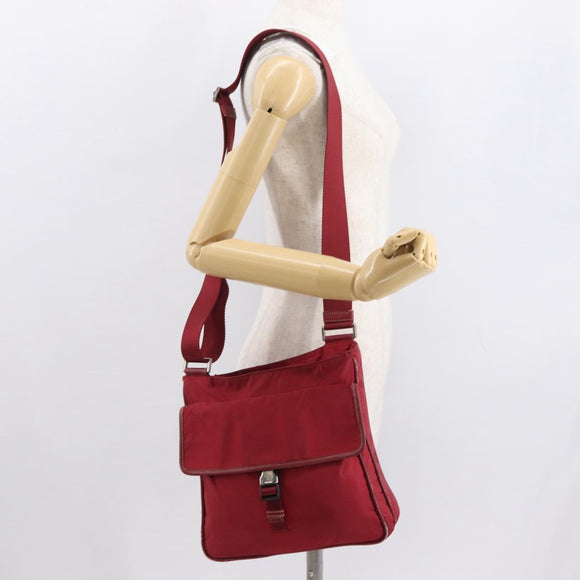 PRADA Shoulder Bag Nylon Red Silver Auth 163326