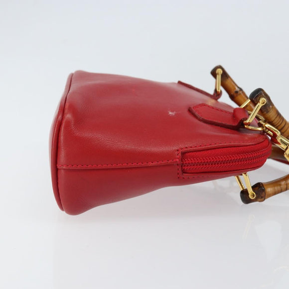 GUCCI Bamboo Hand Bag Leather 2way Red Gold 007 1014 0231 0 Auth 163343