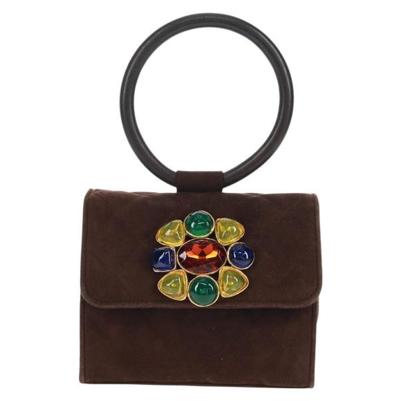 CHANEL Matelasse Gripoa Hand Bag Suede Brown Gold CC Auth 163367V