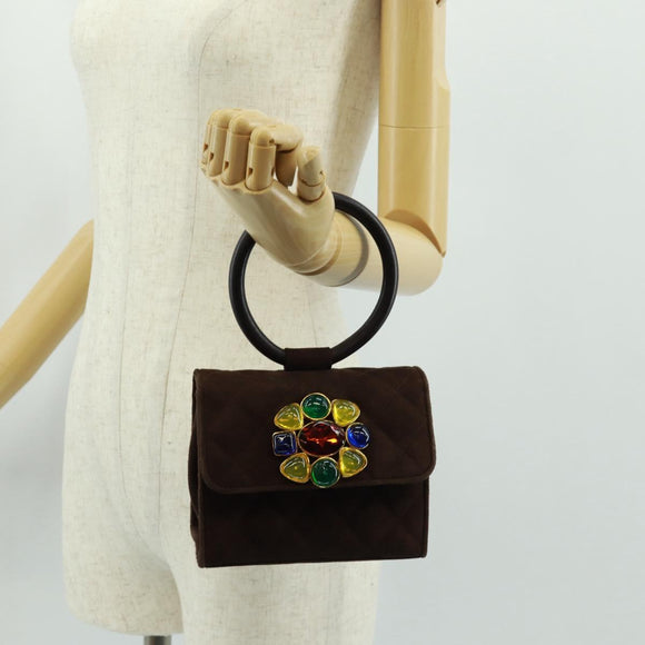 CHANEL Matelasse Gripoa Hand Bag Suede Brown Gold CC Auth 163367V