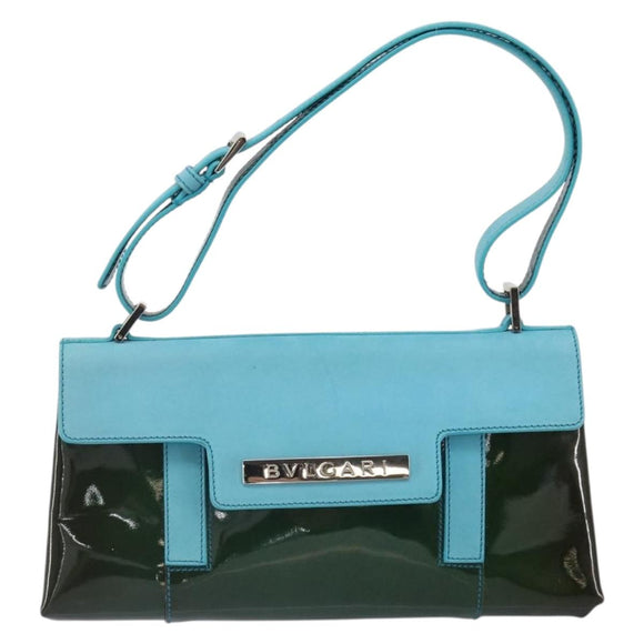 BVLGARI Shoulder Bag Patent leather Light Blue Silver Auth 163382