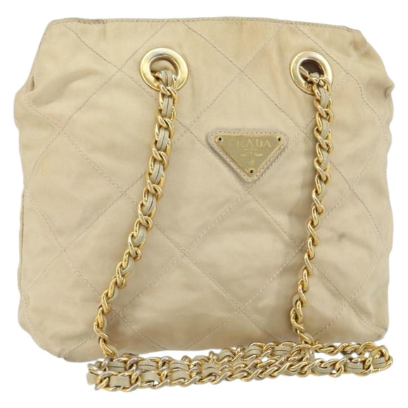 PRADA Chain Shoulder Bag Nylon Beige Gold Auth 163384