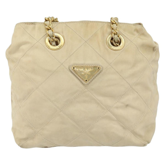 PRADA Chain Shoulder Bag Nylon Beige Gold Auth 163384