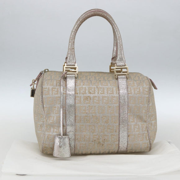 FENDI Zucchino Canvas Boston Bag Silver Auth 163401