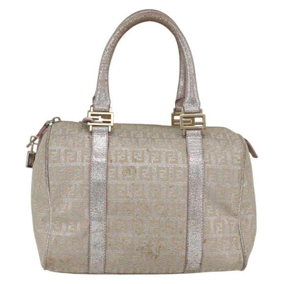 FENDI Zucchino Canvas Boston Bag Silver Auth 163401