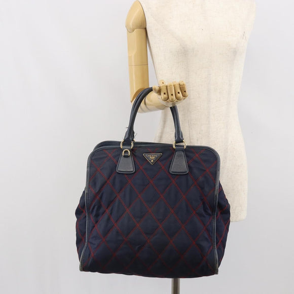 PRADA Hand Bag Nylon Navy Gold Auth 163420