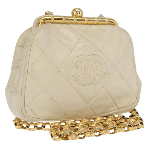 CHANEL Matelasse Chain Shoulder Bag Leather Ivory Gold CC Auth 163424