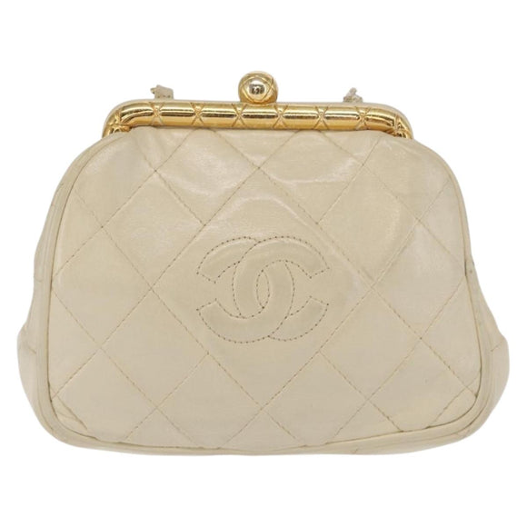 CHANEL Matelasse Chain Shoulder Bag Leather Ivory Gold CC Auth 163424
