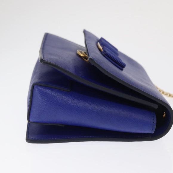 Salvatore Ferragamo Vala Chain Shoulder Bag Leather Blue Gold Auth 163452