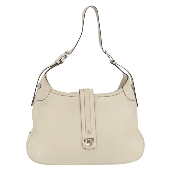 Salvatore Ferragamo Gancini Shoulder Bag Leather Ivory Silver Auth 163453