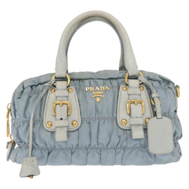 PRADA Gathered Hand Bag Nylon Light Blue Gold Auth 163455 - 0