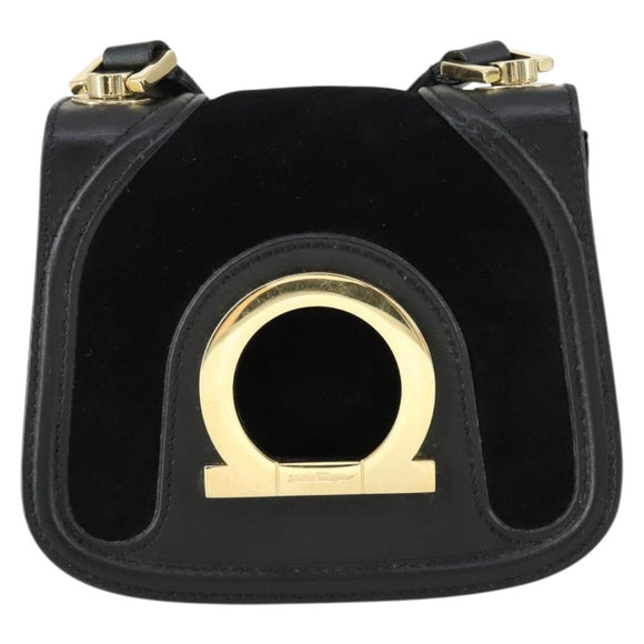 Salvatore Ferragamo Gancini Shoulder Bag Suede Black Gold Auth 163457