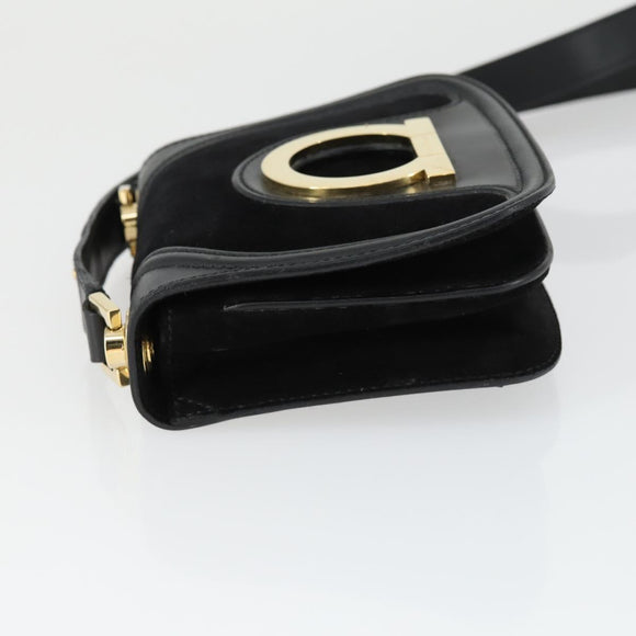 Salvatore Ferragamo Gancini Shoulder Bag Suede Black Gold Auth 163457