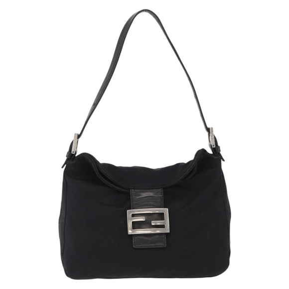 FENDI Mamma Baguette Shoulder Bag Nylon Black Silver Auth 163500