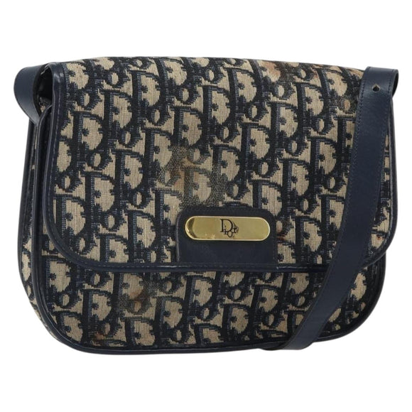 Christian Dior Trotter Canvas Shoulder Bag Navy Gold Auth 163503