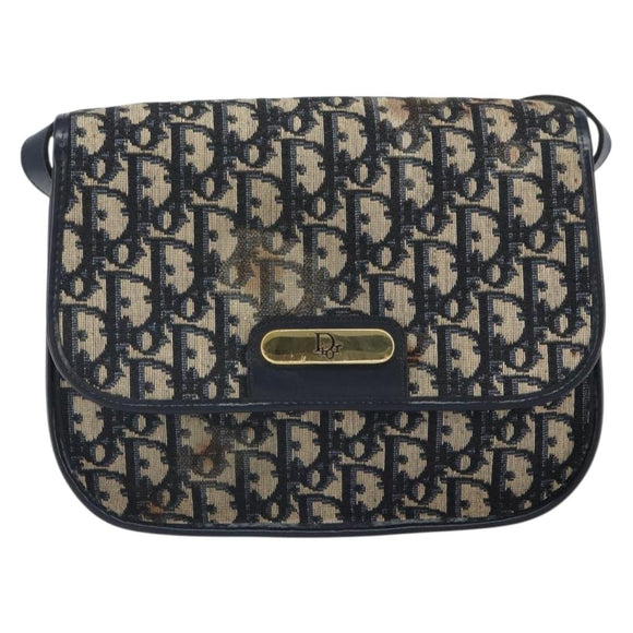 Christian Dior Trotter Canvas Shoulder Bag Navy Gold Auth 163503