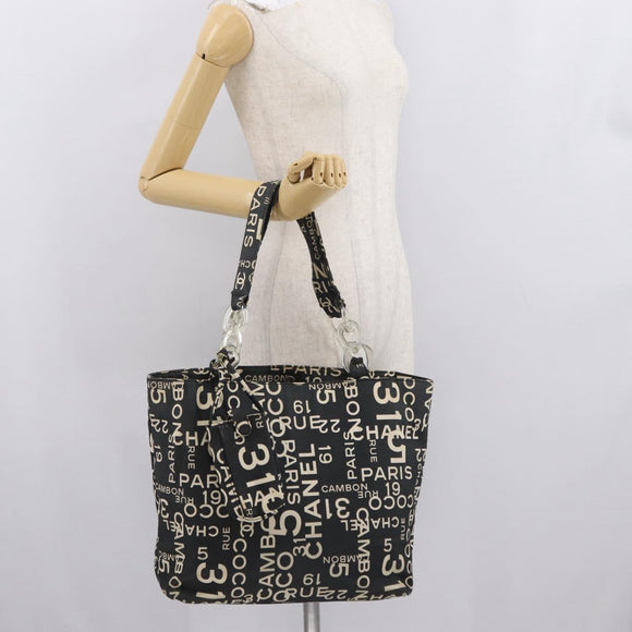 CHANEL By Sea Line Tote Bag Canvas Black Silver CC Auth 163519