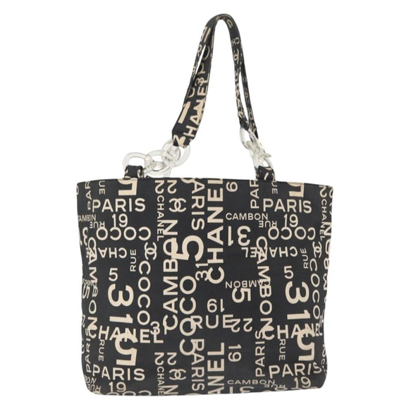 CHANEL By Sea Line Tote Bag Canvas Black Silver CC Auth 163519