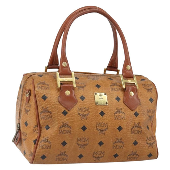 MCM Vicetos Logogram Boston Bag PVC Leather Brown Gold Auth 163539