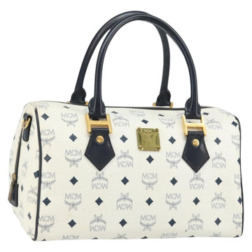 MCM Vicetos Logogram Boston Bag PVC Leather White Gold Auth 163545