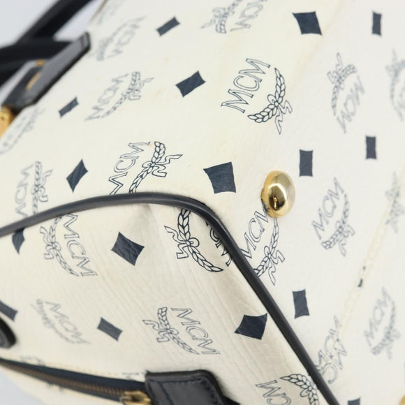 MCM Vicetos Logogram Boston Bag PVC Leather White Gold Auth 163545