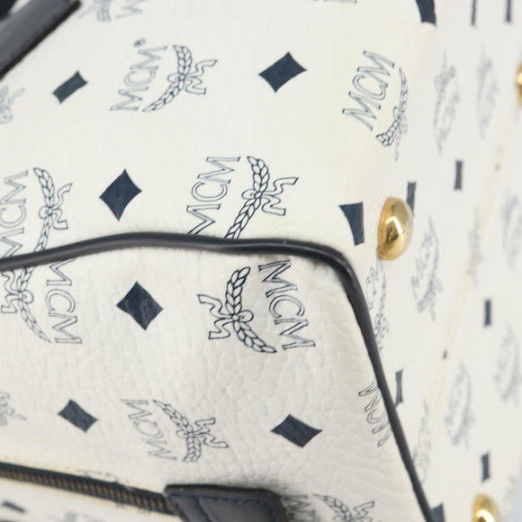 MCM Vicetos Logogram Boston Bag PVC Leather White Gold Auth 163545