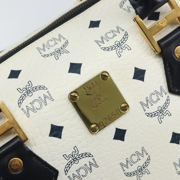 MCM Vicetos Logogram Boston Bag PVC Leather White Gold Auth 163545