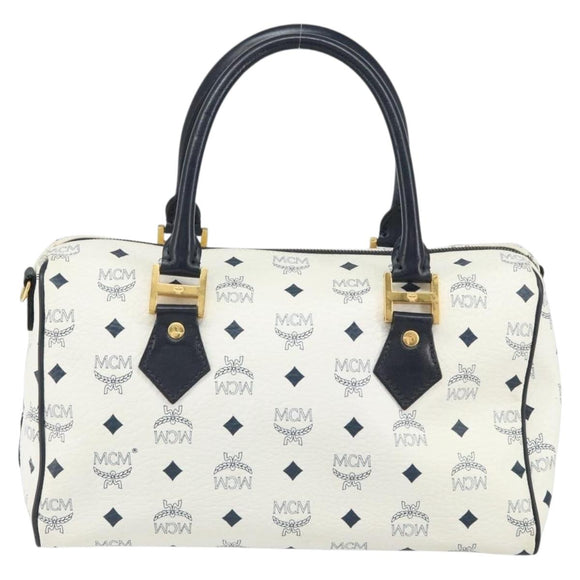 MCM Vicetos Logogram Boston Bag PVC Leather White Gold Auth 163545