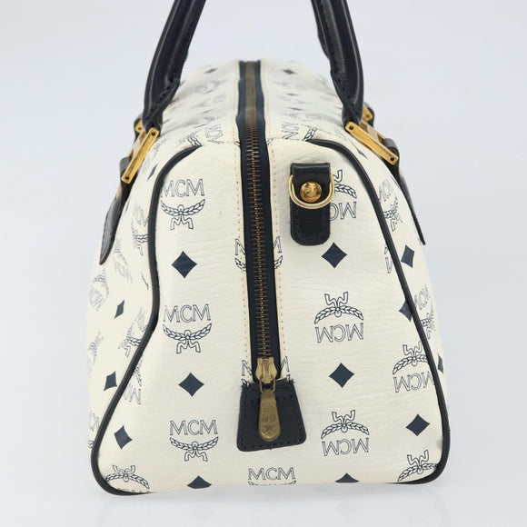 MCM Vicetos Logogram Boston Bag PVC Leather White Gold Auth 163545
