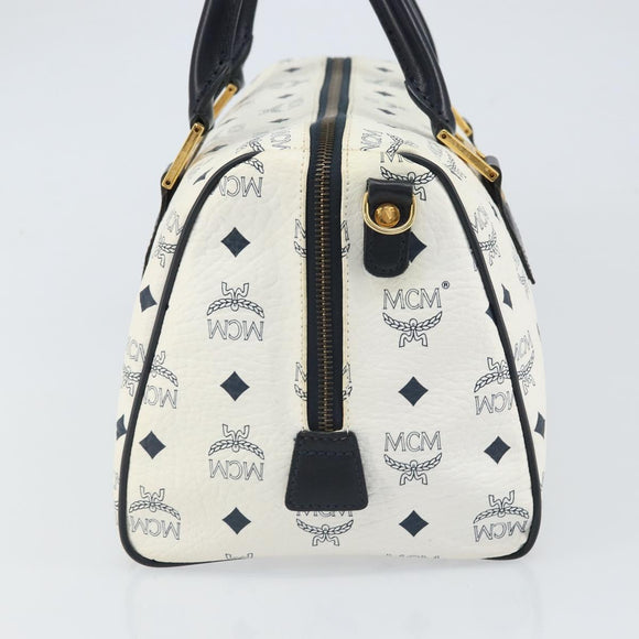 MCM Vicetos Logogram Boston Bag PVC Leather White Gold Auth 163545