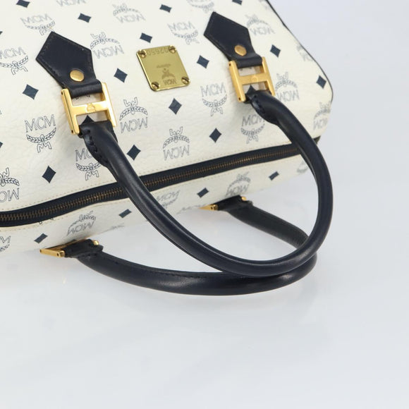 MCM Vicetos Logogram Boston Bag PVC Leather White Gold Auth 163545