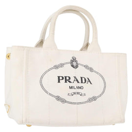 PRADA Canapa PM Hand Bag Canvas White Gold Auth 163549