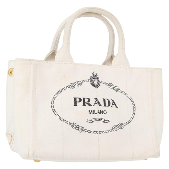 PRADA Canapa PM Hand Bag Canvas White Gold Auth 163549