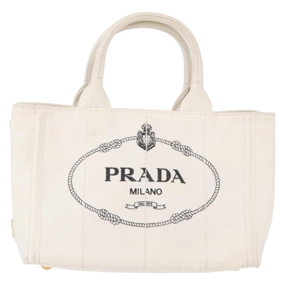 PRADA Canapa PM Hand Bag Canvas White Gold Auth 163549