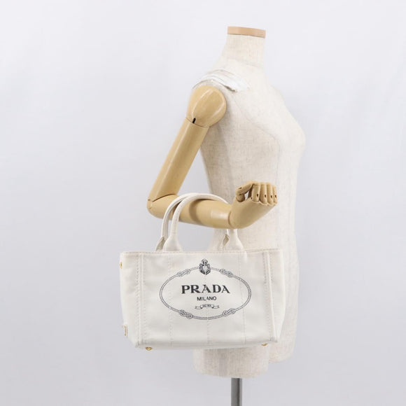 PRADA Canapa PM Hand Bag Canvas White Gold Auth 163549