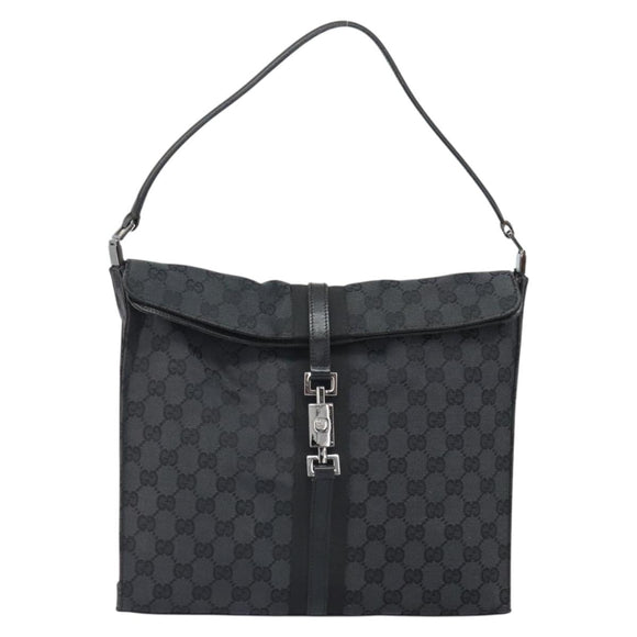 GUCCI GG Canvas Jackie Shoulder Bag Black Silver 001 3355 2123 Auth 163556