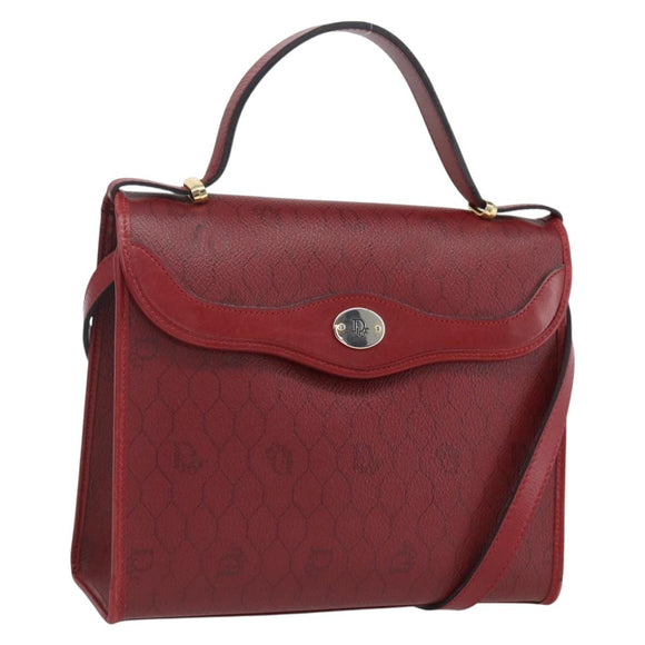 Christian Dior Honeycomb Canvas Hand Bag PVC Leather 2way Red Gold Auth 163559