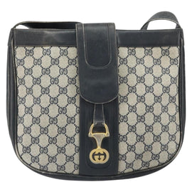 GUCCI GG Supreme Horsebit Shoulder Bag PVC Navy Gold Auth 163567 - 0