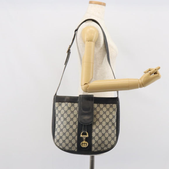 GUCCI GG Supreme Horsebit Shoulder Bag PVC Navy Gold Auth 163567