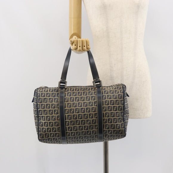FENDI Zucchino Canvas Boston Bag Navy Silver Auth 163575