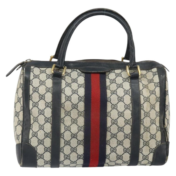 GUCCI GG Supreme Sherry Line Boston Bag PVC Navy Gold Red Auth 163578
