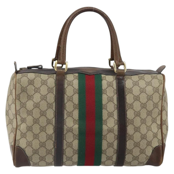 GUCCI GG Supreme Web Sherry Line Boston Bag PVC Beige Gold Red Auth 163579