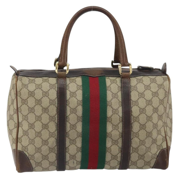 GUCCI GG Supreme Web Sherry Line Boston Bag PVC Beige Gold Red Auth 163579