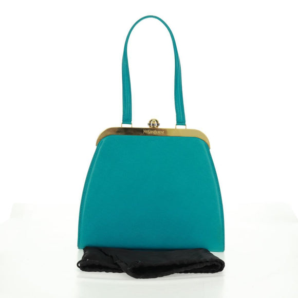 SAINT LAURENT Hand Bag Leather Light Blue Gold Auth 163601V