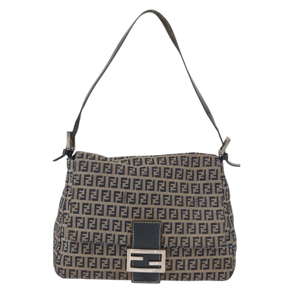 FENDI Zucchino Canvas Mamma Baguette Shoulder Bag Navy Silver Auth 163607