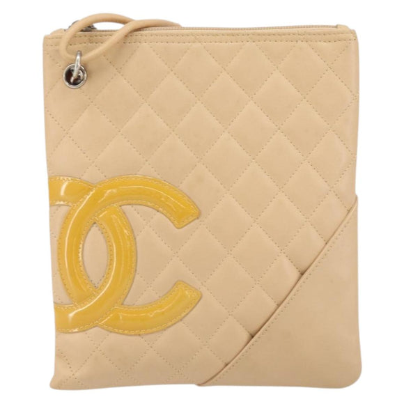 CHANEL Cambon Line Matelasse Shoulder Bag Leather Beige Silver CC Auth 163611A