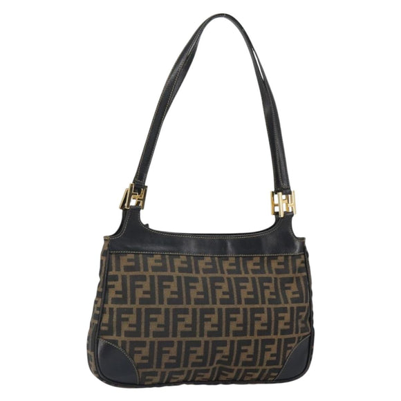 FENDI Zucca Canvas Shoulder Bag Black Brown Auth 163660