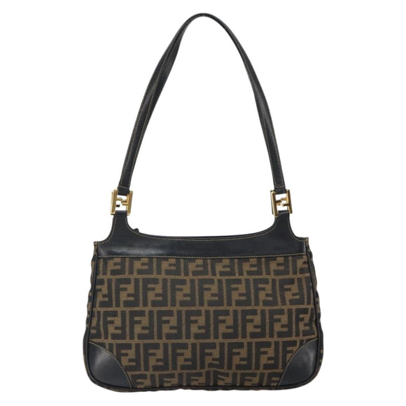 FENDI Zucca Canvas Shoulder Bag Black Brown Auth 163660