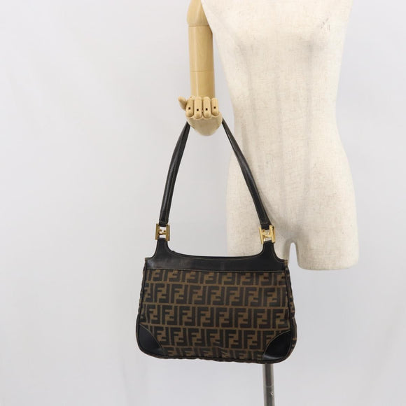 FENDI Zucca Canvas Shoulder Bag Black Brown Auth 163660