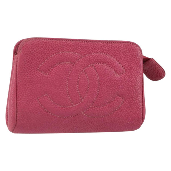 CHANEL COCO Mark Pouch Caviar Skin Pink Gold CC Auth 163727
